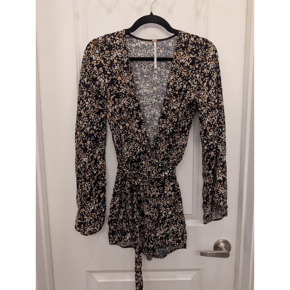 Free People Floral Long Sleeve Wrap Romper Black XS